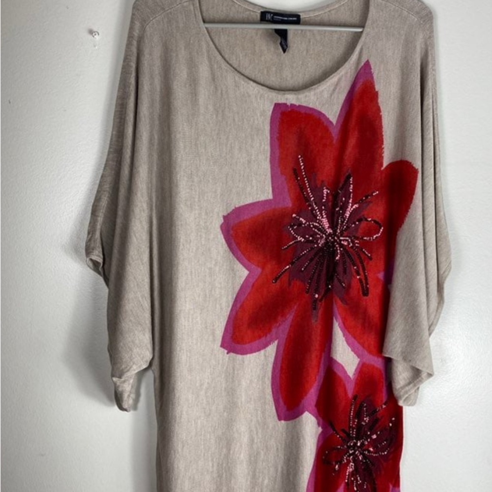 INC International Concepts Beige Top with Red Floral Design